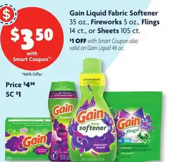 Family Dollar Gain Liquid Fabric Softener 35 oz., Fireworks 5 oz., Flings 14 ct., or Sheets 105 ct offer