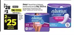Dollar General Always Discreet Pads or Underwear offer