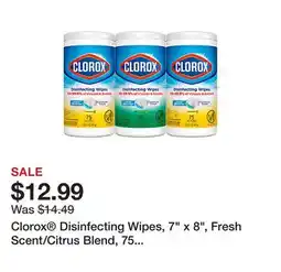 Office Depot Clorox Disinfecting Wipes, 7 x 8, Fresh Scent/Citrus Blend, 75 Wipes Per Canister, Pack Of 3 Canisters offer