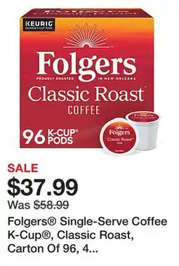 Office Depot Folgers Single-Serve Coffee K-Cup , Classic Roast, Carton Of 96, 4 x 24 Per Box offer