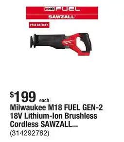The Home Depot Milwaukee M18 FUEL GEN-2 18V Lithium-Ion Brushless Cordless SAWZALL Reciprocating Saw (Tool-Only) offer