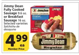 Vons Jimmy Dean Fully Cooked Sausage 9.6 oz. or Breakfast Sausage 16 oz offer