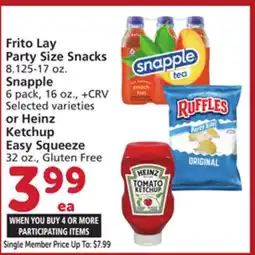 Vons Frito Lay Party Size Snacks 8.125-17 oz. Snapple 6 pack, 16 oz., + CRV Selected varieties or Heinz Ketchup Easy Squeeze 32 oz offer
