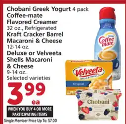 Albertsons Chobani Greek Yogurt 4 pack Coffee-mate Flavored Creamer 32 oz., Refrigerated Kraft Cracker Barrel Macaroni & Cheese 12-14 oz offer