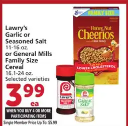 Albertsons Lawry's Garlic or Seasoned Salt 11-16 oz. or General Mills Family Size Cereal 16.1-24 oz offer