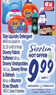 Jewel-Osco Tide Laundry Detergent 84-92 oz. Liquid or 25.32 or 42 ct. Pods Downy Fabric Softener 140 oz., Downy Unstopable 18.2 oz., Dow offer