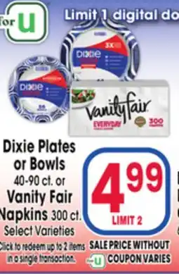 Jewel-Osco Dixie Plates or Bowls 40-90 ct. or Vanity Fair Napkins 300 ct offer