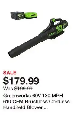 Tractor Supply Company Greenworks 60V 130 MPH 610 CFM Brushless Cordless Handheld Blower, 2.5Ah Battery and Charger offer