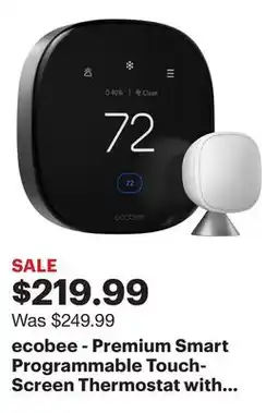 Best Buy ecobee - Premium Smart Programmable Touch-Screen Thermostat with Siri, Alexa, Apple HomeKit and Google Assistant - Black offer