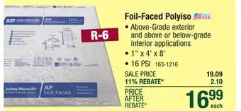 Menards R-6 (16 PSI) Johns Manville 1 x 4' x 8' Foil-Faced Polyiso Foam Board Insulation offer