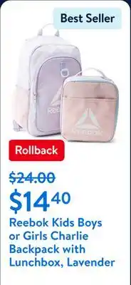 Walmart Reebok Kids Boys or Girls Charlie Backpack with Lunchbox, Lavender offer