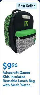 Walmart Minecraft Gamer Kids Insulated Reusable Lunch Bag with Mesh Water Bottle Pocket and Handle offer