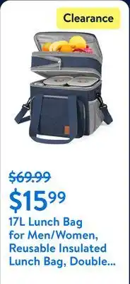 Walmart 17L Lunch Bag for Men/Women, Reusable Insulated Lunch Bag, Double Deck Leakproof Lunchbox for Work Picnic Beach School, Lunch offer