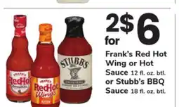 ACME Frank's Red Hot Wing or Hot Sauce 12 fl. oz. btl. or Stubb's BBQ Sauce 18 fl. oz. btl offer