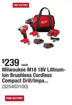 The Home Depot Milwaukee M18 18V Lithium- lon Brushless Cordless Compact Drill/Impa... (325403100) offer