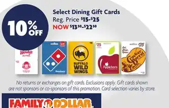 Family Dollar Select Dining Gift Cards offer