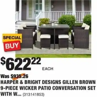 The Home Depot Harper & Bright Designs Gillen Brown 9-Piece Wicker Patio Conversation Set offer