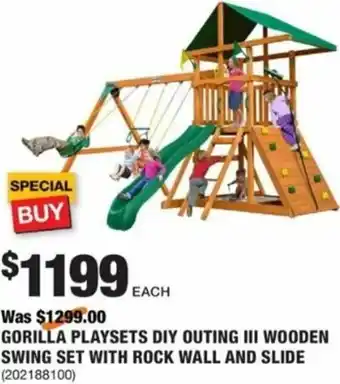 The Home Depot Gorilla Playsets DIY Outing III Wooden Swing Set With Rock Wall Slide offer