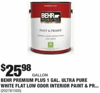 The Home Depot BEHR Premium Plus 1 Gas. Ultra Pure White Flat Low Odor Interior Paint & Primer offer