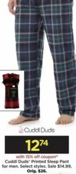 Kohl's Cuddl Duds Printed Sleep Pant For Men offer