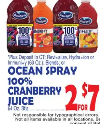 Bravo Supermarkets OCEAN SPRAY 100% CRANBERRY JUICE offer