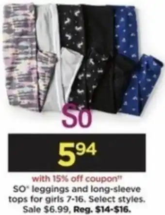 Kohl's SO' Leggings And Long-Sleeve Tops For Girls 7-16 offer