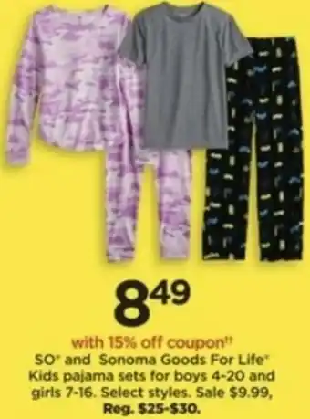 Kohl's SO' And Sonoma Goods For Life Kids Pajama Sets For Boys 4-20 And Girls 7-16 offer