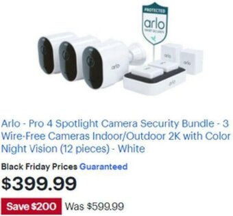 Best Buy Arlo-Pro 4 Spotlight Camera Security Bundle - 3 Wire-Free Cameras Indoor/Outdoor 2k With Color Night Vision offer
