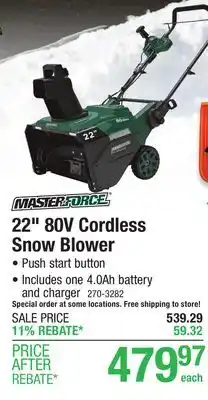 Menards Masterforce 22 80-Volt Single-Stage Brushless Cordless Snow Blower offer