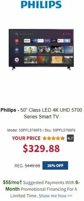 BrandsMart USA Philips-50" Class LED 4K UHD 5700 Series Smart Tv offer