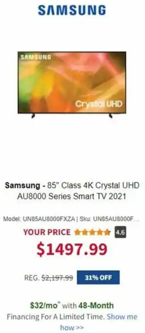 Samsung- 85" Class 4K Crystal UHD AU8000 Series Smart TV 2021