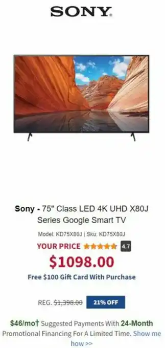 BrandsMart USA Sony-75" Class LED 4K UHD X80J Series Google Smart Tv offer