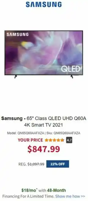 BrandsMart USA Samsung- 65" Class QLED UHD Q60A 4K Smart TV 2021 offer