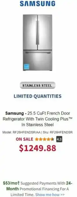 BrandsMart USA Samsung- 25.5 CuFt French Door Refrigerator With Twin Cooling Plus In Stainless Steel offer