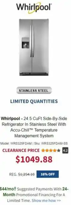 BrandsMart USA Whirlpool-24.5 CuFt Side-By-Side Refrigerator In Stainless Steel With Accu-Chill Temperature Management System offer