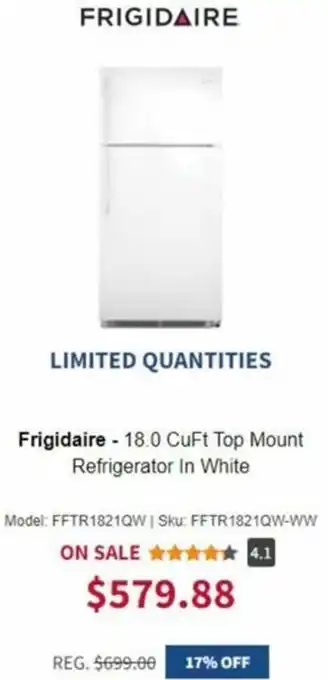 Frigidaire-18.0 CuFt Top Mount Refriderator In White