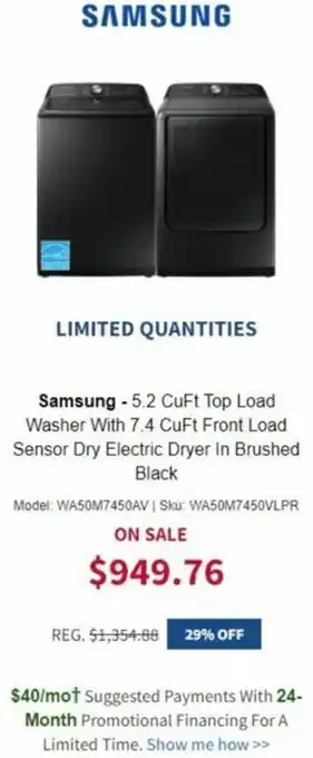 BrandsMart USA Samsung-5.2 CuFt Top Load Washer With 7.4 CuFt Front Load Sensor Dry Electric Dryer In Brushed Black offer