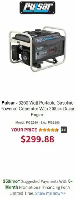 Pulsar-3250 Watt Portable Gasoline Powered Generator With 208 cc Ducar Engine