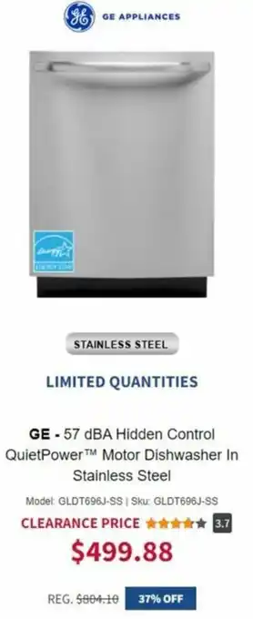 GE-57 dBA Hidden Control QuletPower Motor Dishwasher In Stainless Steel