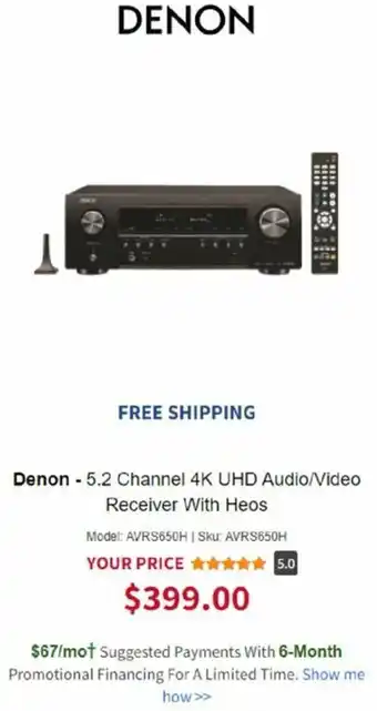 BrandsMart USA Denon-5.2 Channel 4K UHD Audio/Video Receiver With Heos offer