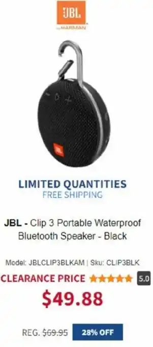 BrandsMart USA JBL-Clip 3 Portable Waterproof Bluetooth Speaker -Black offer
