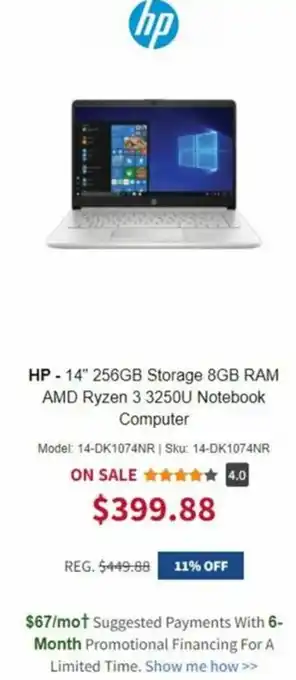 BrandsMart USA HP-14" 256GB Storage 8GB RAM AMD Ryzen 3 3250U Notebook Computer offer