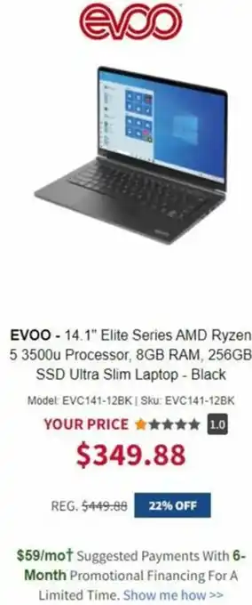 EVOO-14.1" Elite Series AMD Ryzer 5 3500u Processor 8GB RAM, 256 GB SSD Ultra Slim Laptop-Black