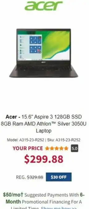 Acer-15.6" Aspire 3 128Gb SSD 8GB RAM AMD Athlon Silver 3050u Laptop