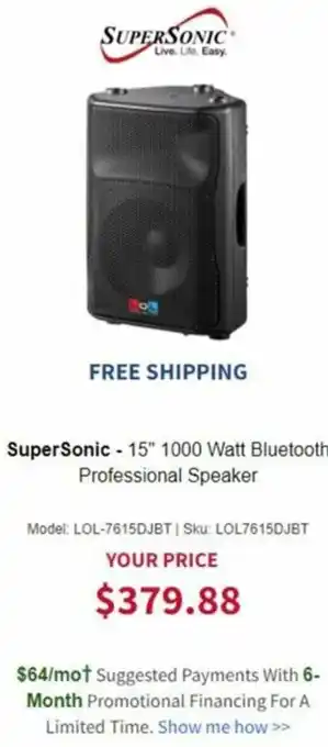 BrandsMart USA SuperSonic-15 1000 Watt Bluetooth Professional Speaker offer