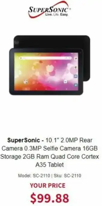 SuperSonic-10.1" 2.0MP Rear Camera 0.3mp Selfie Camera 16GB Storage 2GB RAM Quad Core Cortex A35 Tablet
