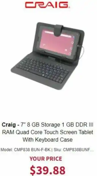BrandsMart USA Craig-7"8 GB Storage 1 GB DDR III RAM Quad Core Touch Screen Tablet With Keyboard Case offer