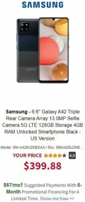 BrandsMart USA Samsung-6.6" Galaxy A42 Triple Rear Camera Array 13.0MP Selfie Camera G5 LTE 128GB Storage 4GB RAM Unlocked Smartphone Black offer