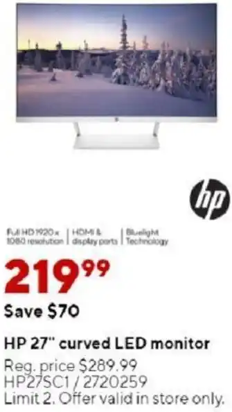Staples HP 27" Curved LED Monitor offer