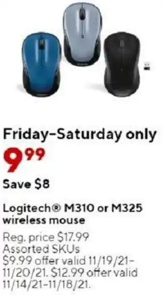 Staples Logitech M310 Or M325 Wireless Mouse offer